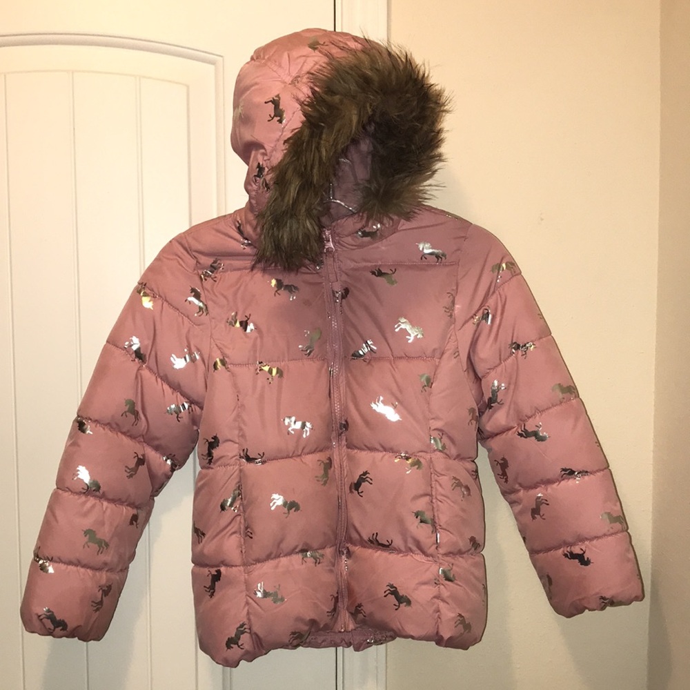 Girls unicorn puffer jacket w faux fur hood